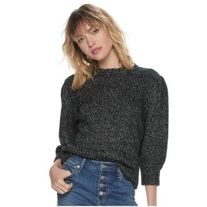 POPSUGAR Black White Knit Sweater 1/2 Length Sleeve Fuzzy Knit - Size L